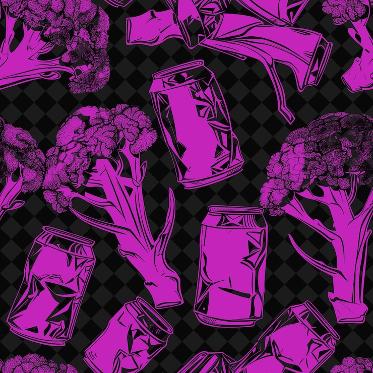 PSD broccoli stems with crumpled aluminum cans and torn plastic creative texture background designs