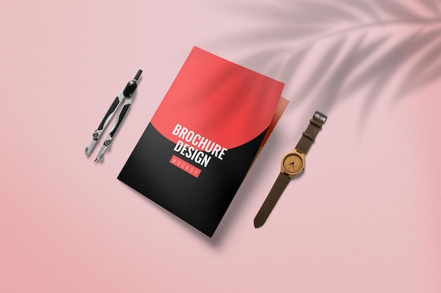 brochure identiteit mockup ontwerp met horloge en kompas element geïsoleerde backgroiund