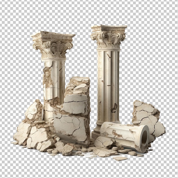 PSD broken antique pillars white ancient ruined stone columns pieces isolated