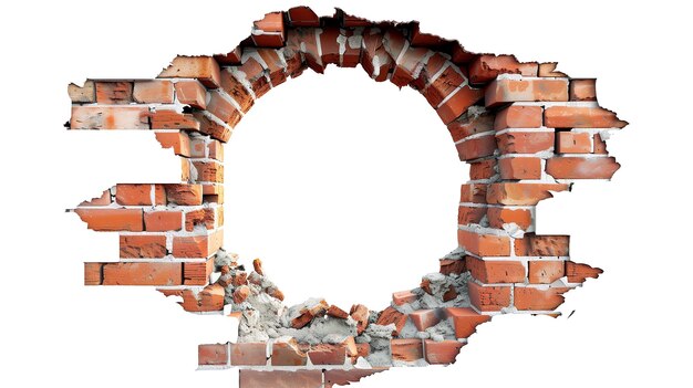 Broken brick wall with hole isolated on transparent background 3d rendering