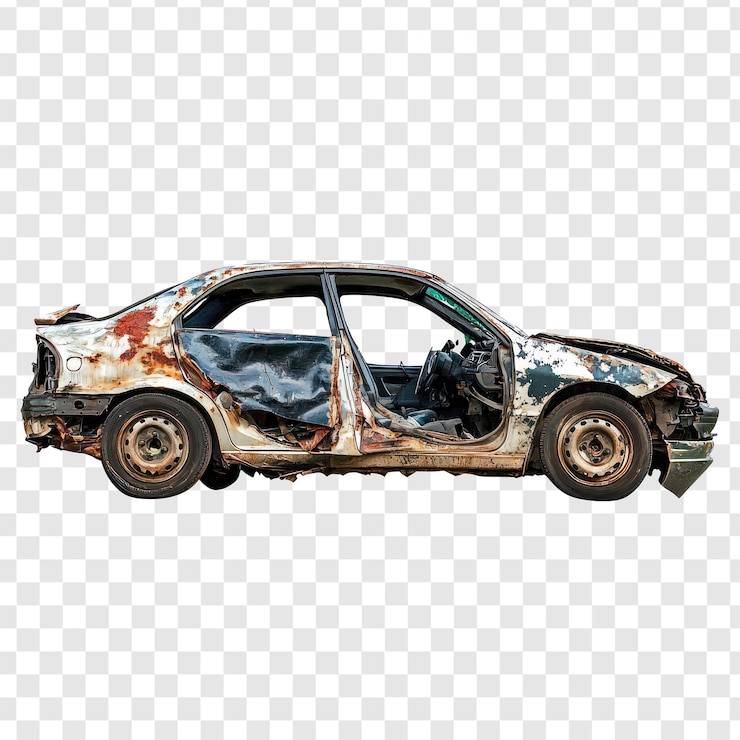 PSD broken car side view isolate on transparency background
