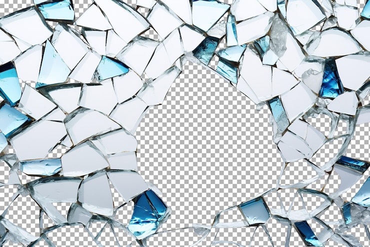PSD broken glass fragments create a striking pattern with blue accents against a white background on a white or clear surface png transparent background
