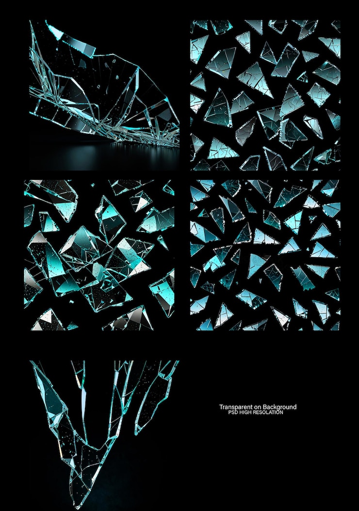 PSD broken glass pieces flow set of glass pieces on black background and damage glass on transparent background