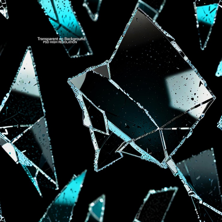 PSD broken glass pieces flow set of glass pieces on black background and damage glass on transparent background