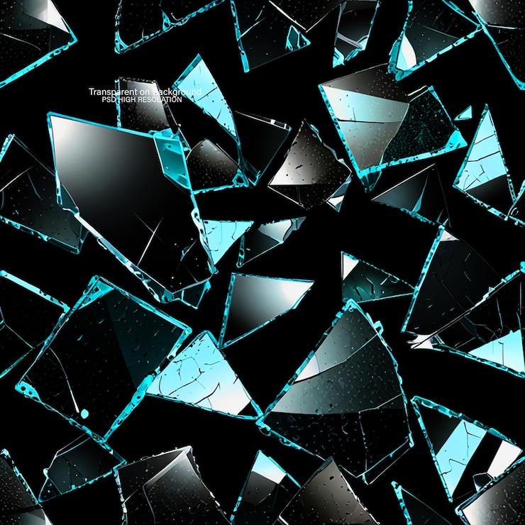 PSD broken glass pieces flow set of glass pieces on black background and damage glass on transparent background