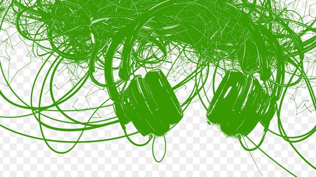 PSD broken headphones with tangled wires and soundwave silhouett texture effect fx collage background