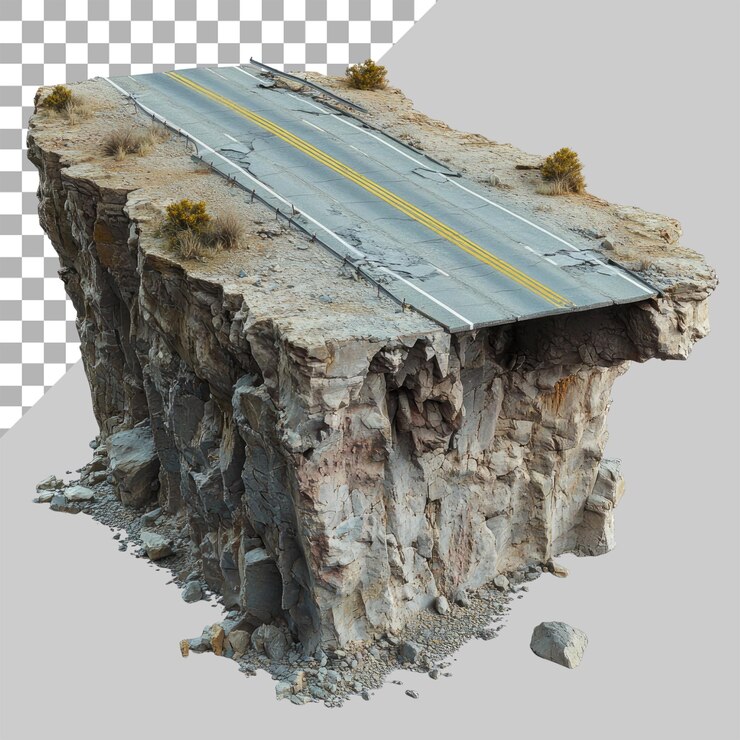 PSD a broken highway on top of a floating rock cliff against a transparent background