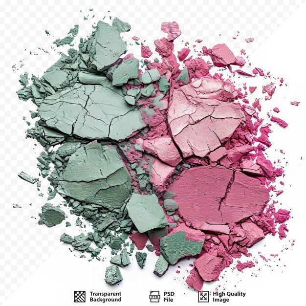 PSD a broken pink and green eye shadow smear make up palette isolated on a white isolated background top view flat lay