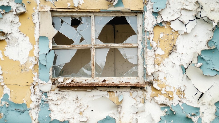 PSD a broken window in an abandoned building with peeling paint