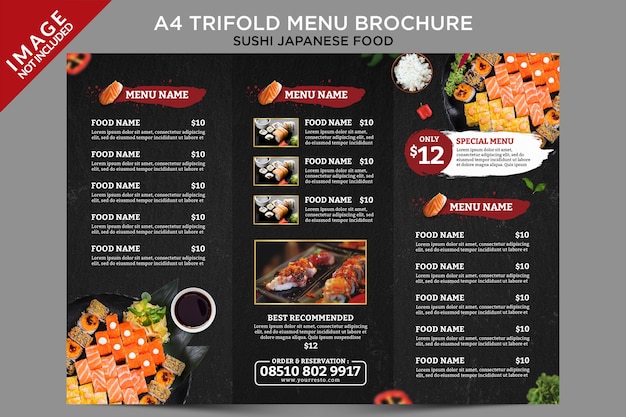 Broszura Potrójnego Menu Sushi Japanese Food Inside Template