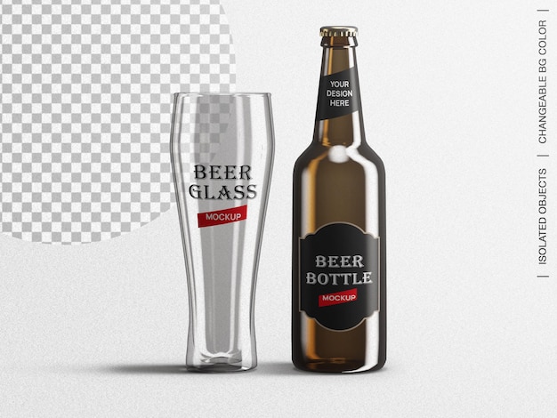 Brown beer bottle label packaging and glass mockup scene creator isolated