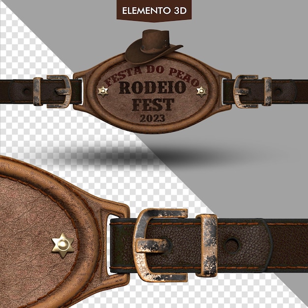 PSD a brown and black leather belt with a gold buckle that says esta do pedigree rodeo fest.