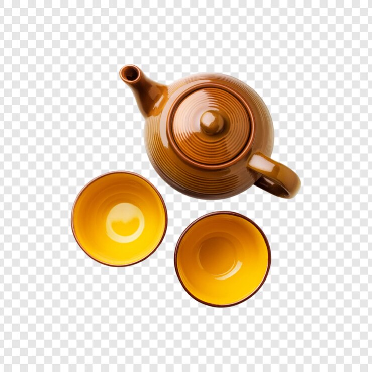 PSD 棕色陶瓷茶壺配兩個黃色茶杯