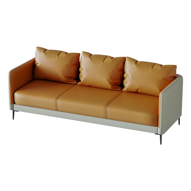 A brown couch with three pillows on it