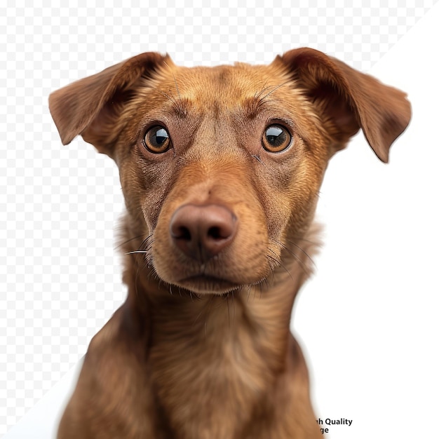 Cane marrone che guarda la telecamera con uno sguardo serio, concentrato o intenso, foto isolata di un cucciolo di cane con orecchie floppy, cane misto harrier femmina di un anno, messa a fuoco selettiva, sfondo bianco isolato