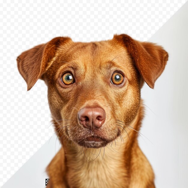 PSD brown dog looking at camera with serious concentrated or intense look isolated head shot of puppy dog with floppy ears 1 year old female harrier mix dog selective focus white isolated backgroun