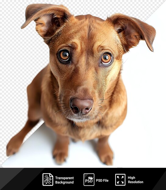 A brown dog with a hat on its head sits on a white background