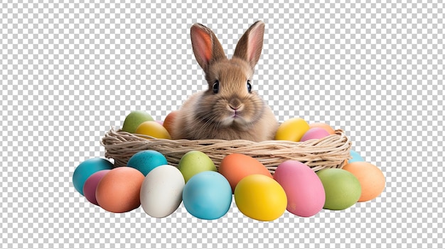 白い背景の多色の卵で満たされたバスケットの中の茶色のイースターウサギ