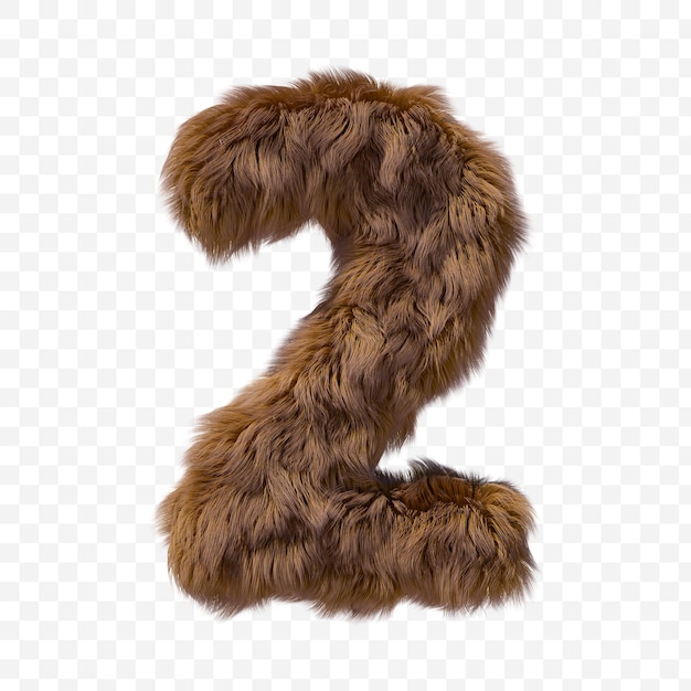 Brown furry alphabet number 2 on isolated background 3D illustration
