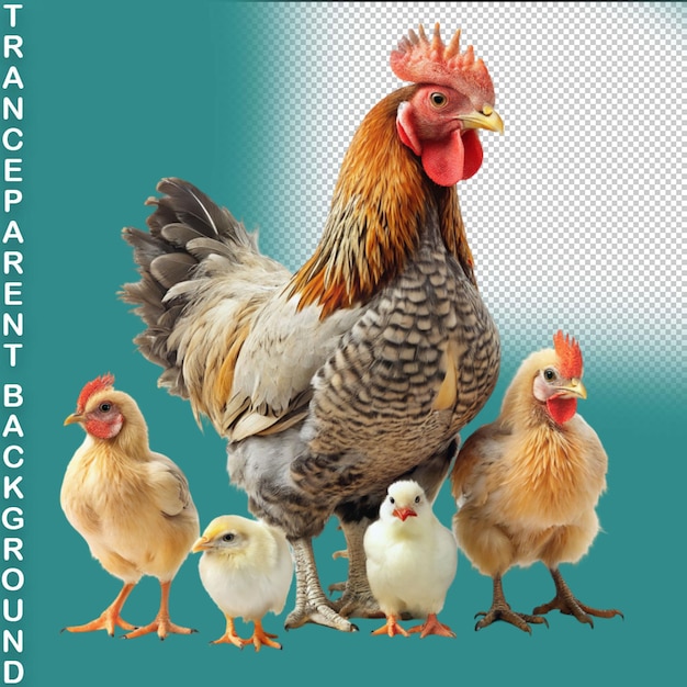 Brown hen with its chicks on transparent background