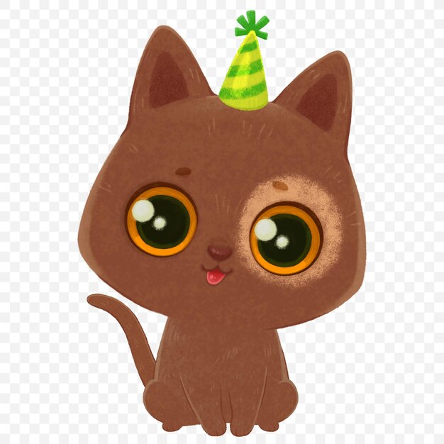 PSD brown kitten with a spot around the eye in a party hat watercolor illustration with cat