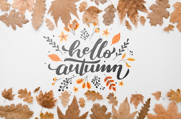 PSD brown leaves framing hello autumn lettering