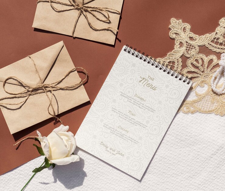 PSD brown paper envelopes with rose and notepad