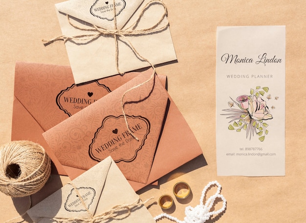 PSD brown paper envelopes with wedding invitations