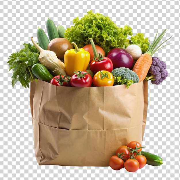 PSD brown papper bag full of vegetable isolated on transparent background