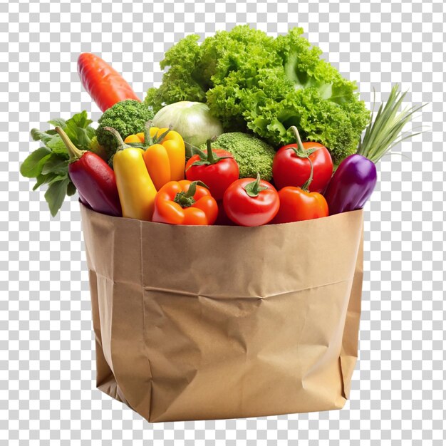 PSD brown papper bag full of vegetable isolated on transparent background