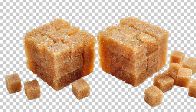 Cubi di zucchero marrone isolati su uno sfondo trasparente.