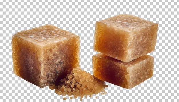 Cubi di zucchero marrone isolati su uno sfondo trasparente.