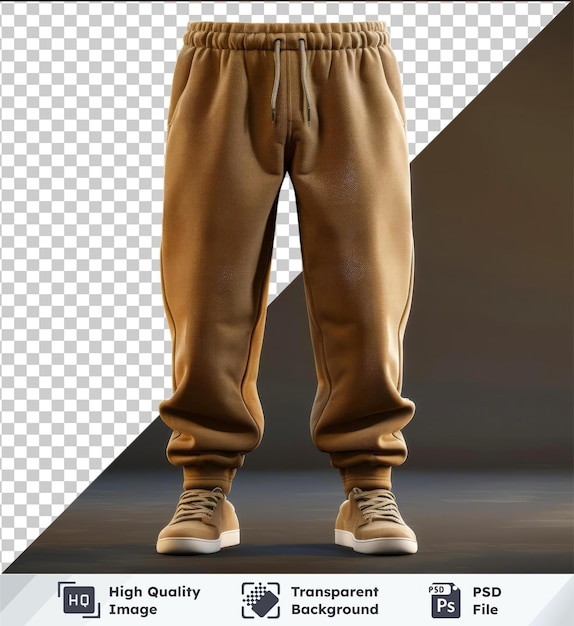 PSD brown sweatpants for sports wear displayed on a wooden floor against a black wall with a pair of