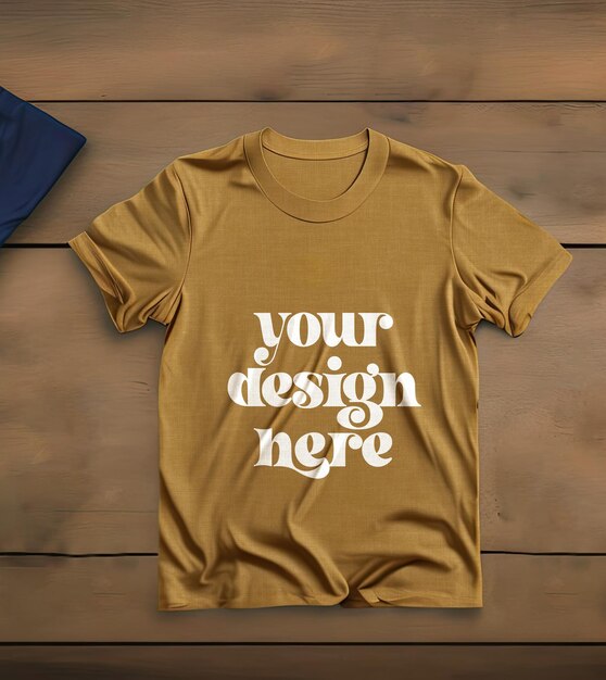 A brown t shirt mockup design on wood table