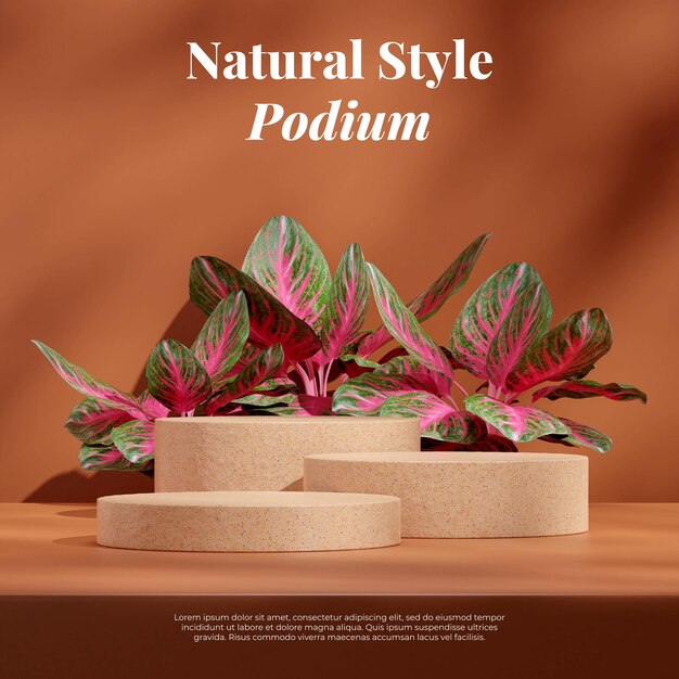 Brown terrazzo color texture podium 3d render mockup in square with aglaonema red plant