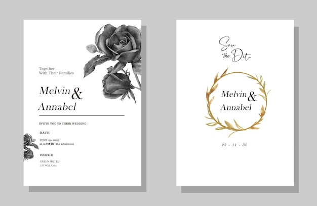 Brown wedding invitation template set with floral frame premium psd