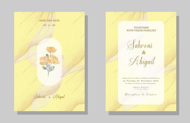 Brown wedding invitation template set with floral frame Premium psd