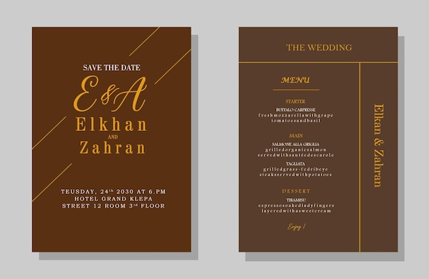 Brown wedding invitation template set with floral frame premium psd