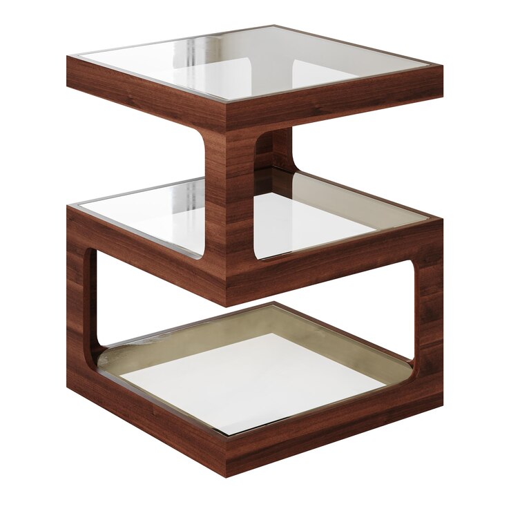 PSD a brown wooden table with three shelves and clear glass the table is square in shape and has a modern design