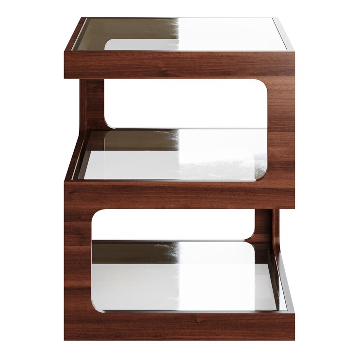 PSD a brown wooden table with three shelves and a white top the table is made of wood and has a glass top