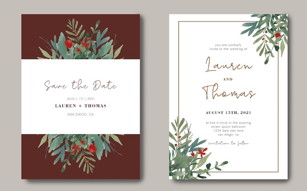 Bruiloft uitnodiging kaartsjabloon met een boeket van aquarel bladeren
