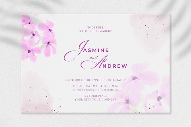 Bruiloft uitnodiging sjabloon met roze bloem premium psd