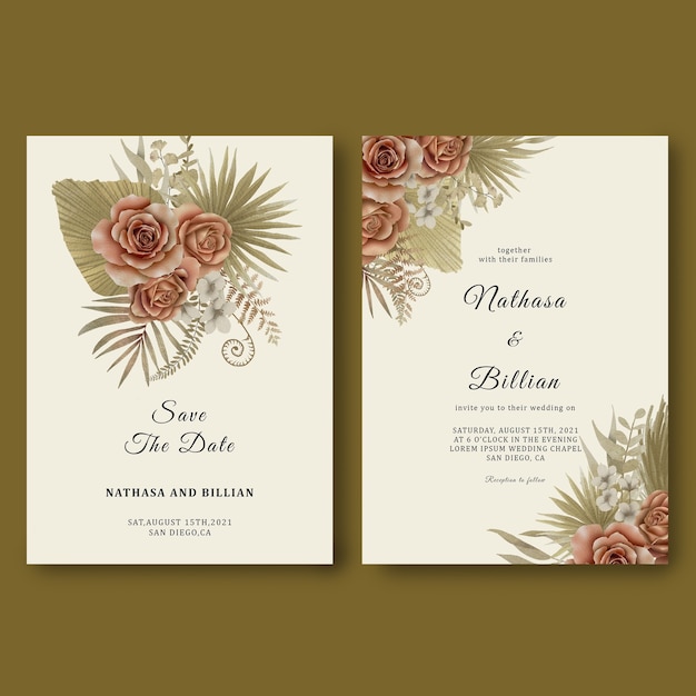Bruiloft uitnodiging sjabloon met tropische blad decoraties en aquarel rozen
