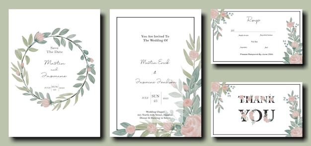 PSD bruiloft uitnodigingskaart bundel met roze bloem en bladeren aquarel sjabloonontwerp