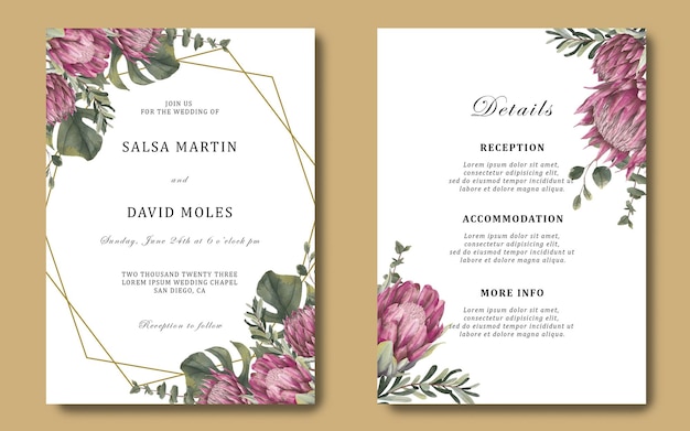 bruiloft uitnodigingskaart met aquarel protea bloemen en eucalyptus bladeren