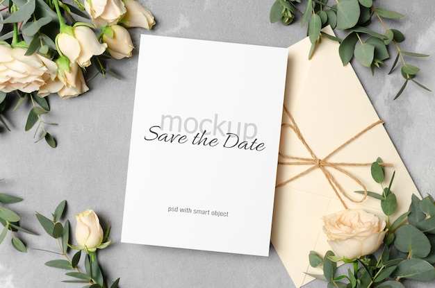 Bruiloft uitnodigingskaart mockup met envelop en rozen bloemen