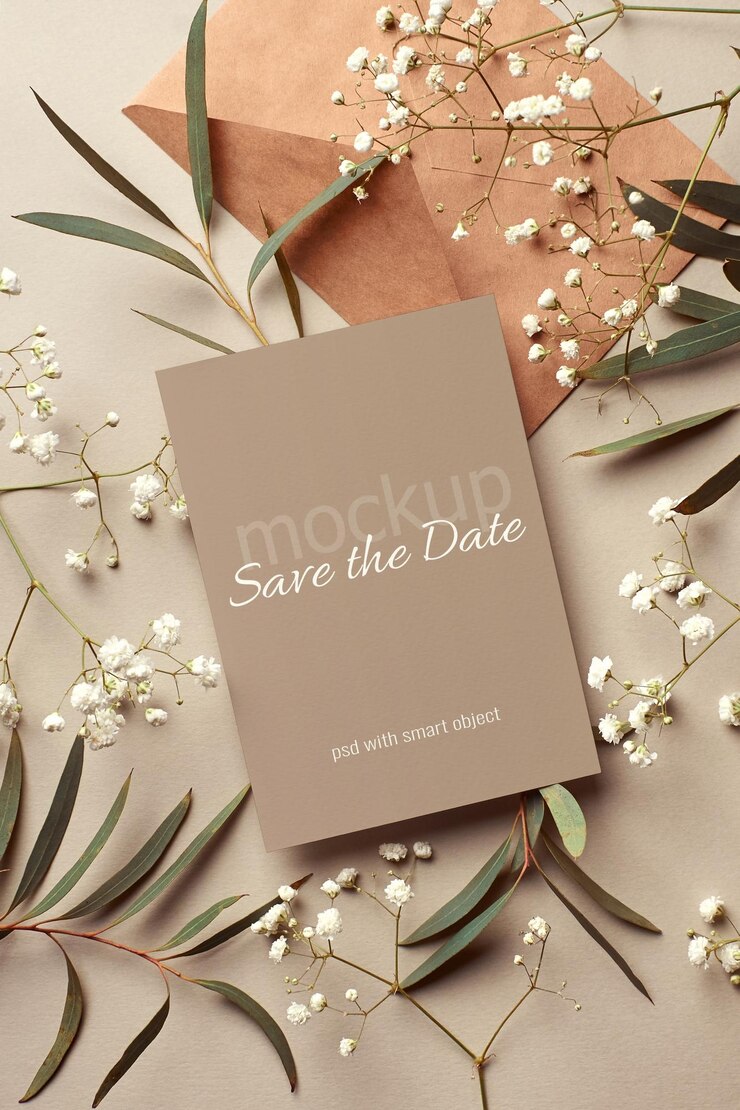 Bruiloft uitnodigingskaart mockup met envelop, eucalyptus en hypsophila twijgen