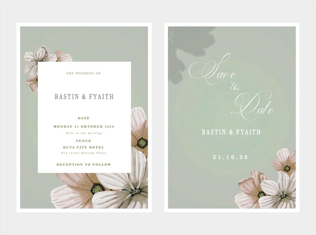 bruiloft uitnodigingskaart sjabloon set met witte roos boeket krans laat aquarel schilderen psd