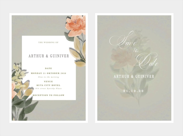 Bruiloft uitnodigingskaart sjabloon set met witte roos boeket krans laat aquarel schilderen psd