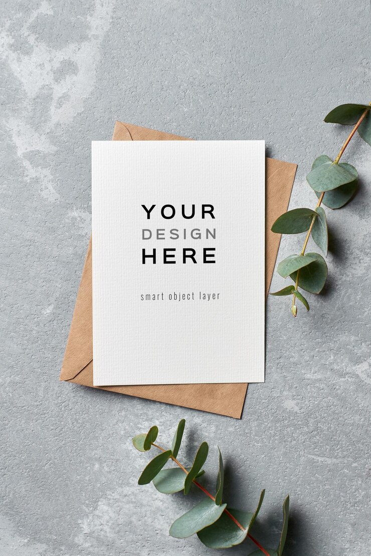 Bruiloft wenskaart mockup met envelop en eucalyptustakjes op grijs